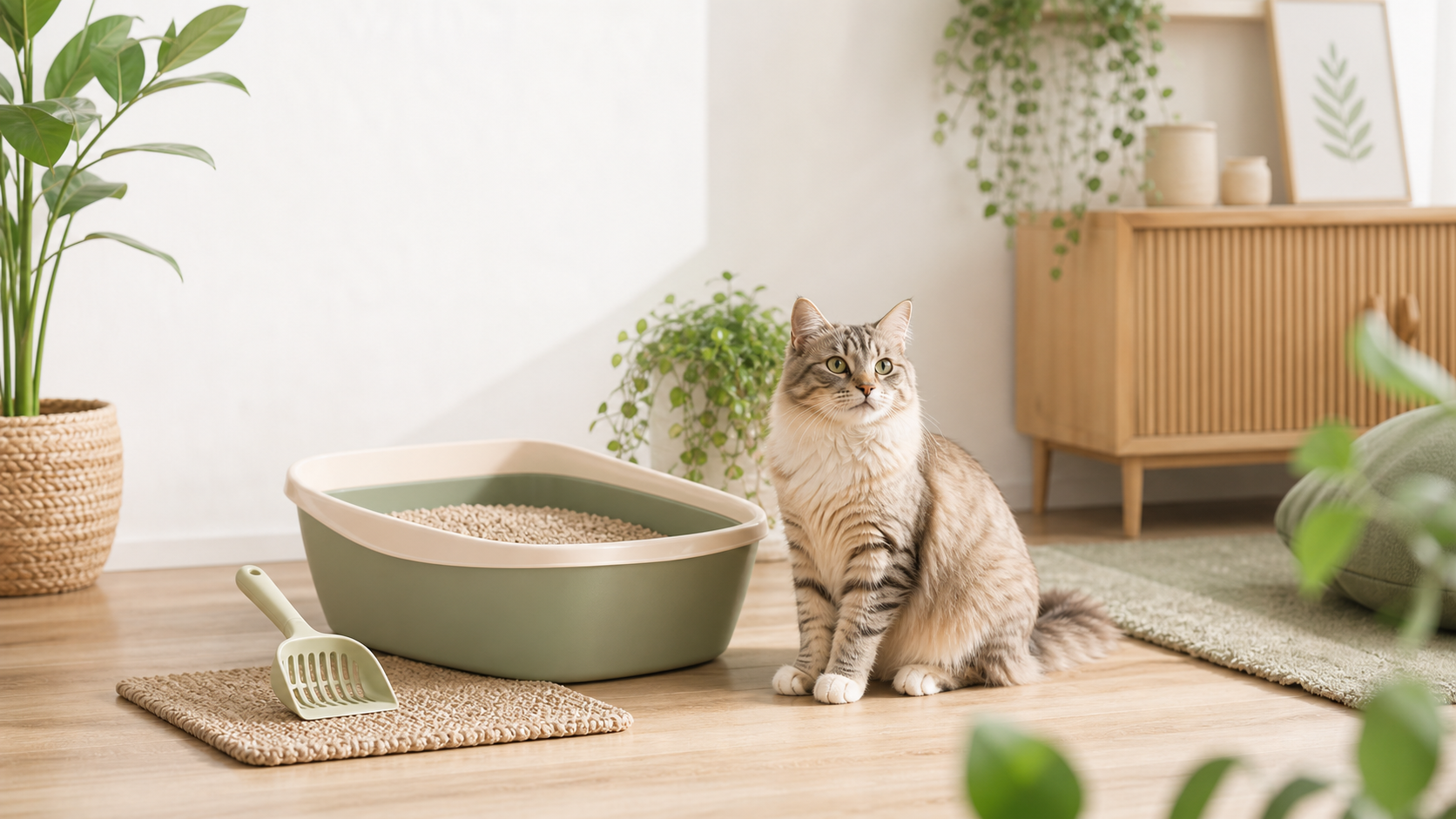 Cat beside a clean litter tray in a calm home