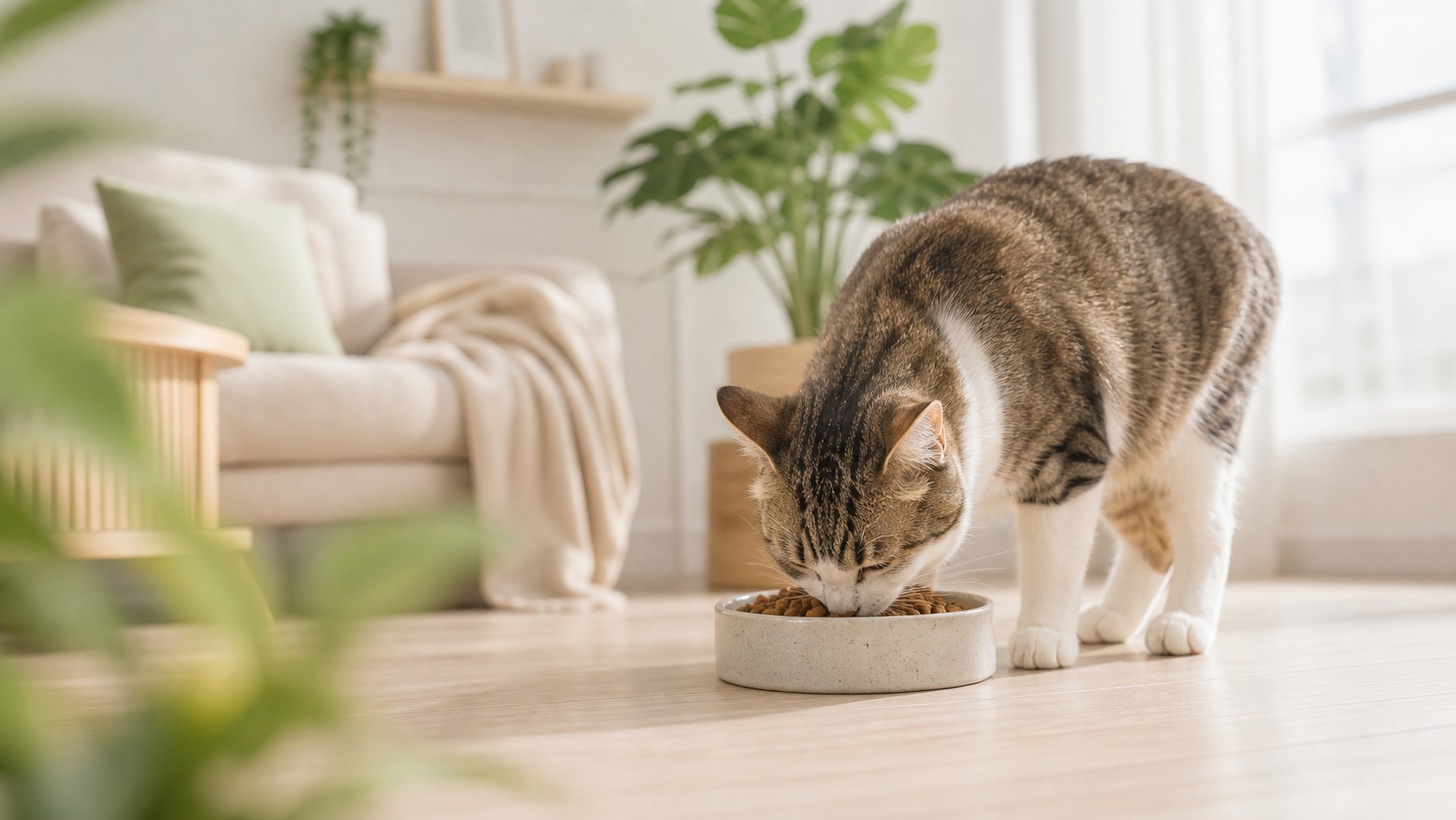 Cat eating in a bright home