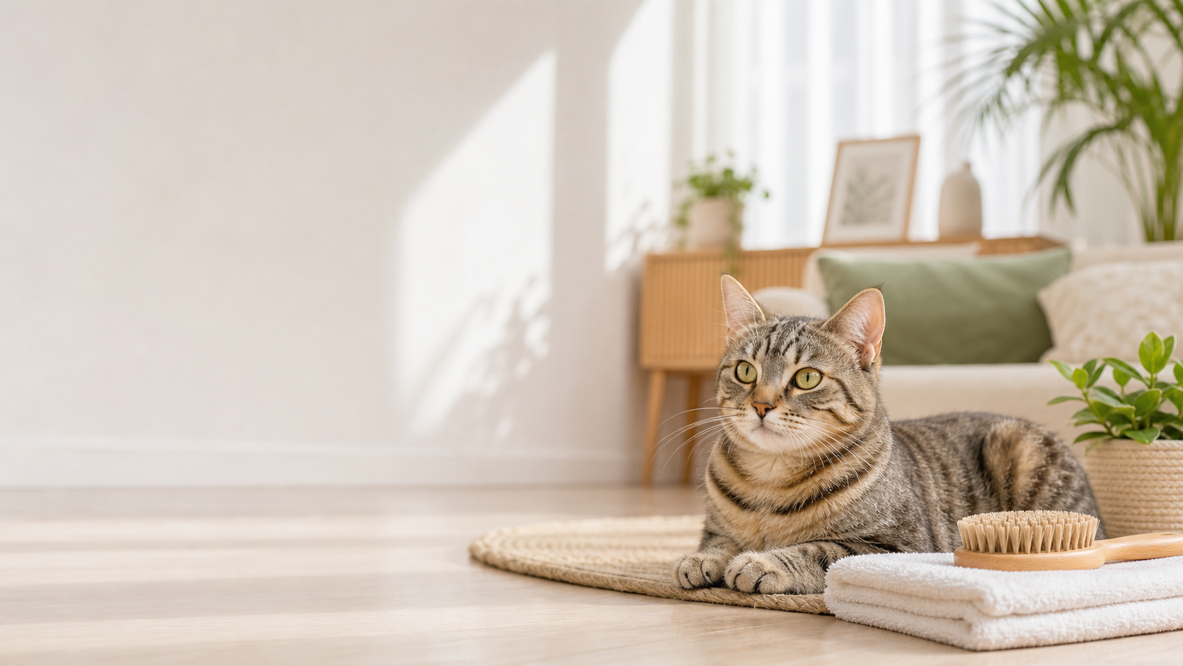 Cat resting beside grooming essentials in a bright home