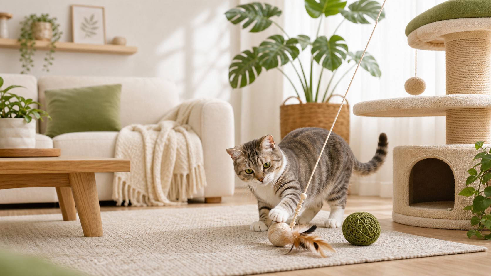 Cat playing with a toy in a bright home